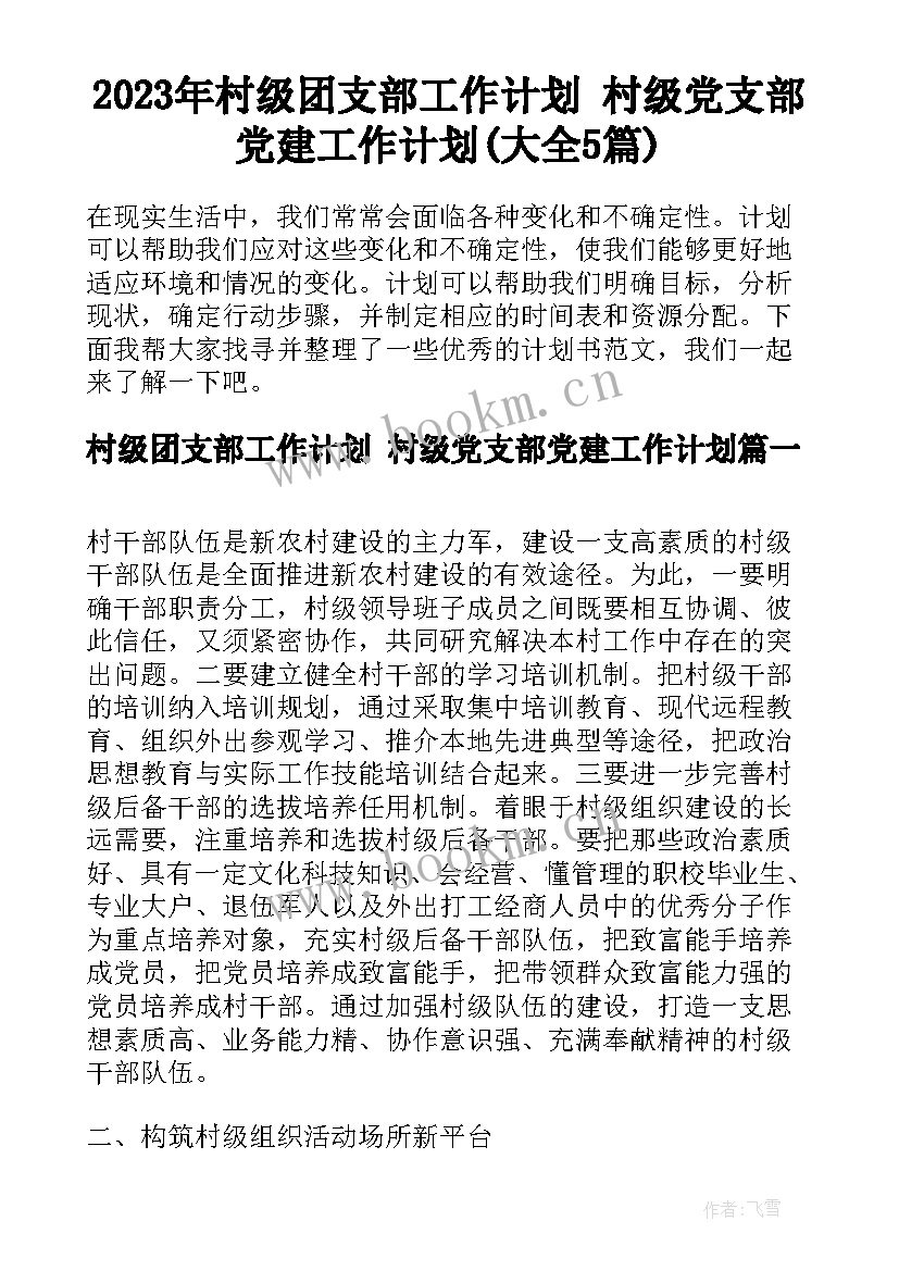 2023年村级团支部工作计划 村级党支部党建工作计划(大全5篇)