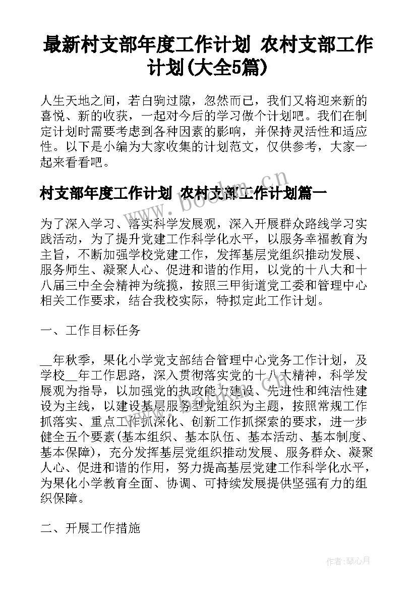 最新村支部年度工作计划 农村支部工作计划(大全5篇)