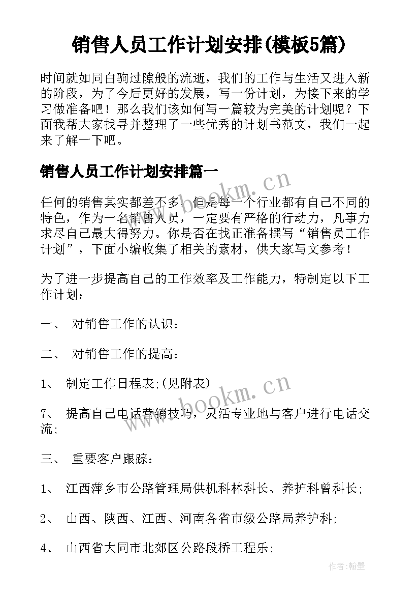 销售人员工作计划安排(模板5篇)