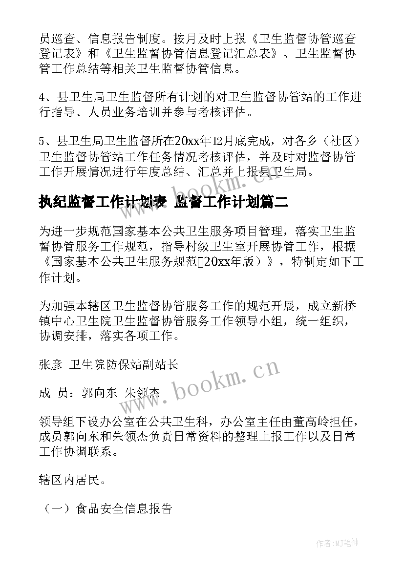 最新执纪监督工作计划表 监督工作计划(精选5篇)