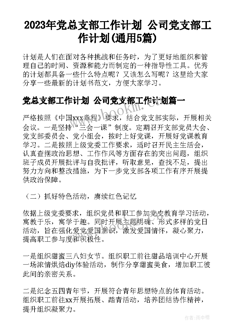 2023年党总支部工作计划 公司党支部工作计划(通用5篇)