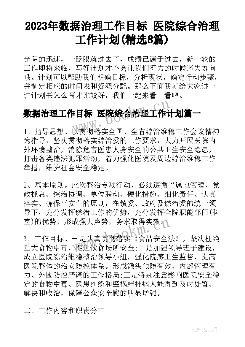 2023年数据治理工作目标 医院综合治理工作计划(精选8篇)