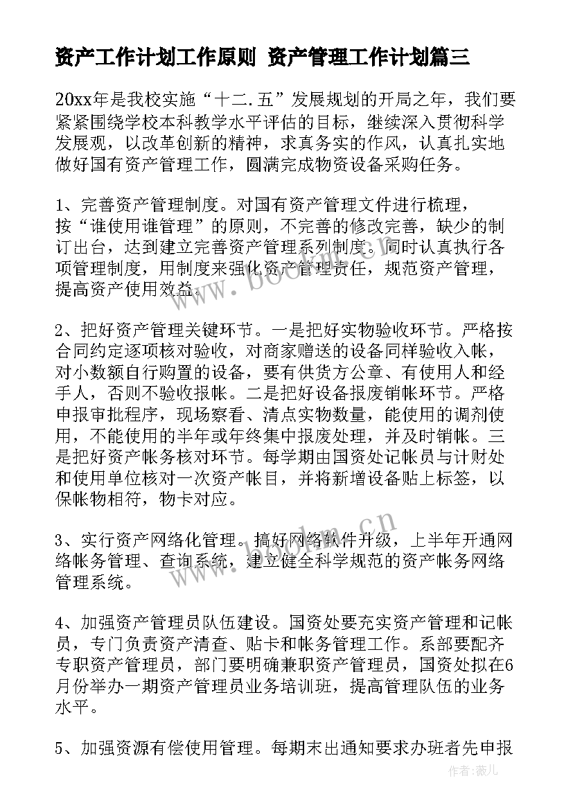 2023年资产工作计划工作原则 资产管理工作计划(优秀5篇)