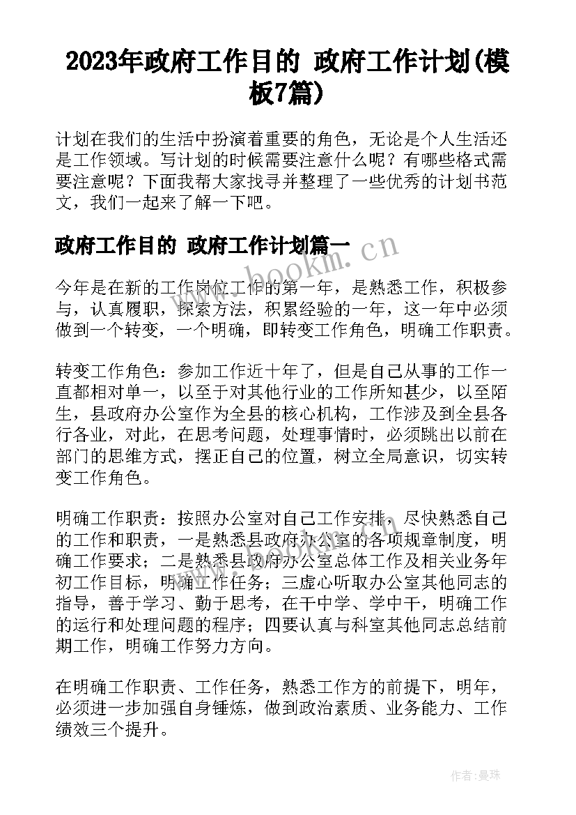 2023年政府工作目的 政府工作计划(模板7篇)