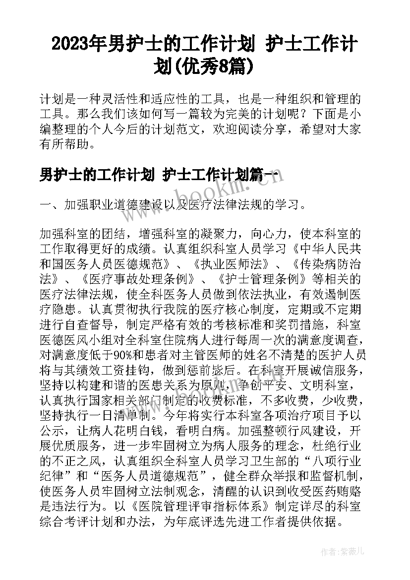 2023年男护士的工作计划 护士工作计划(优秀8篇)