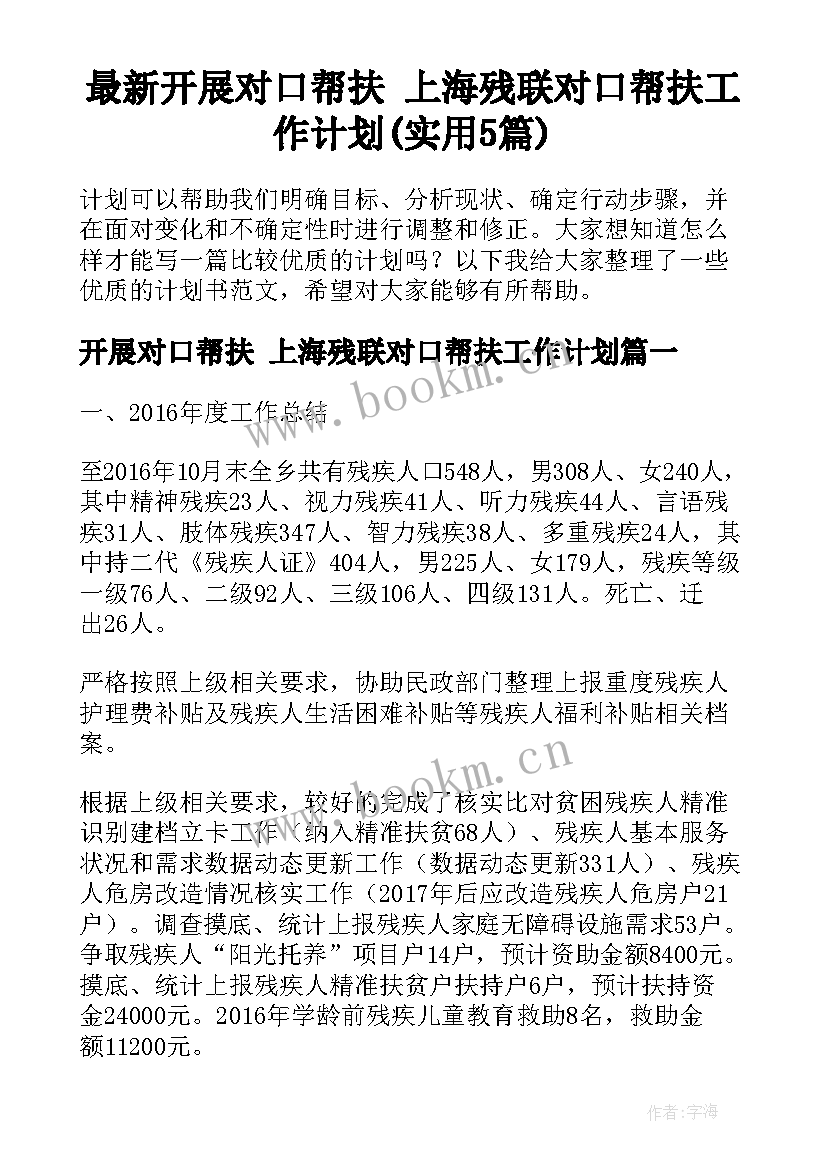 最新开展对口帮扶 上海残联对口帮扶工作计划(实用5篇)