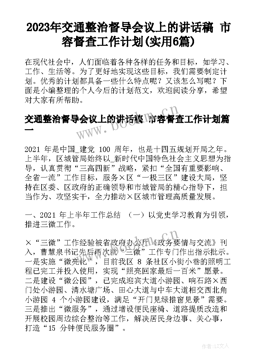 2023年交通整治督导会议上的讲话稿 市容督查工作计划(实用6篇)