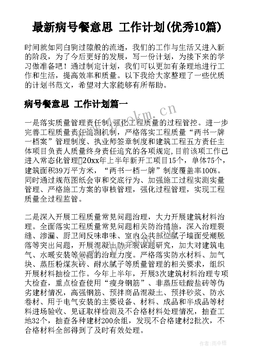 最新病号餐意思 工作计划(优秀10篇)