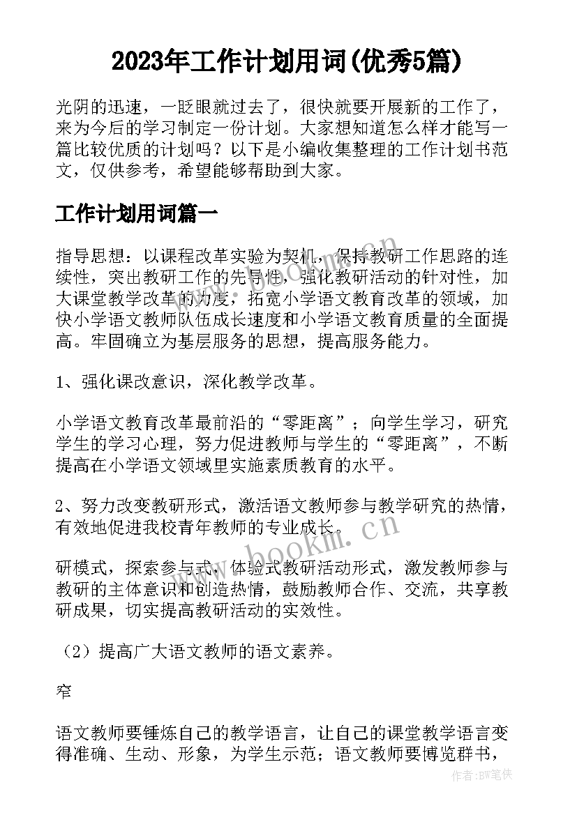 2023年工作计划用词(优秀5篇)