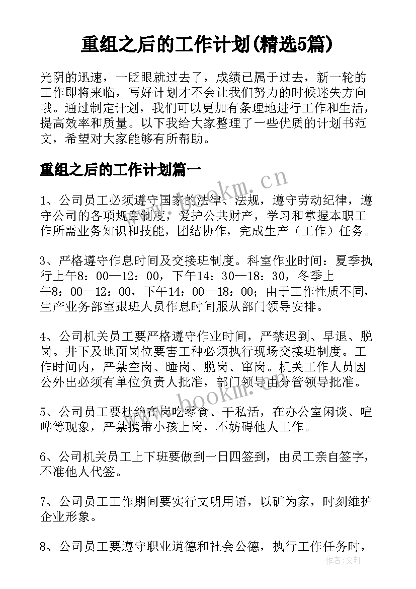 重组之后的工作计划(精选5篇)