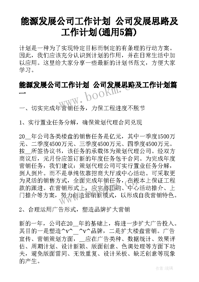 能源发展公司工作计划 公司发展思路及工作计划(通用5篇)