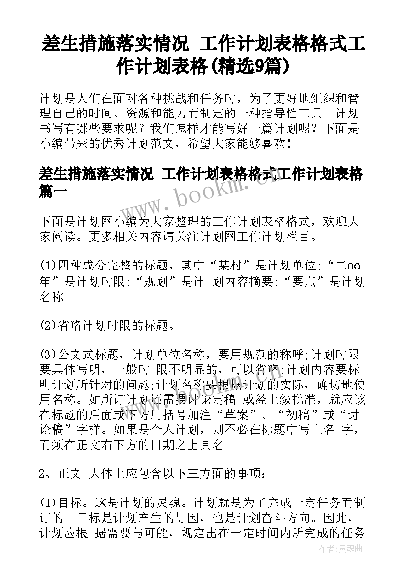 差生措施落实情况 工作计划表格格式工作计划表格(精选9篇)