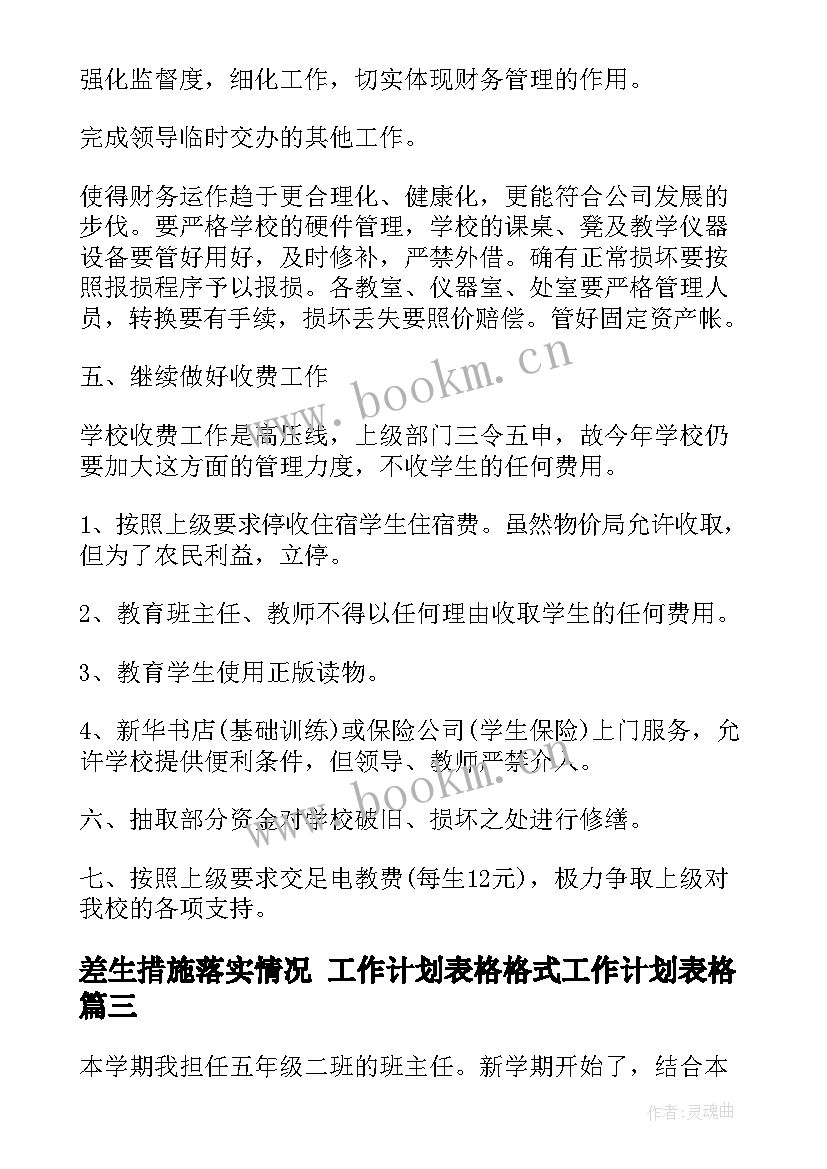 差生措施落实情况 工作计划表格格式工作计划表格(精选9篇)