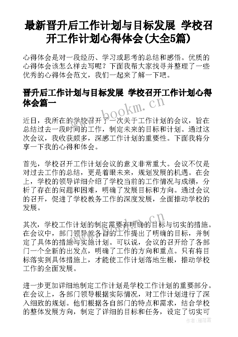 最新晋升后工作计划与目标发展 学校召开工作计划心得体会(大全5篇)