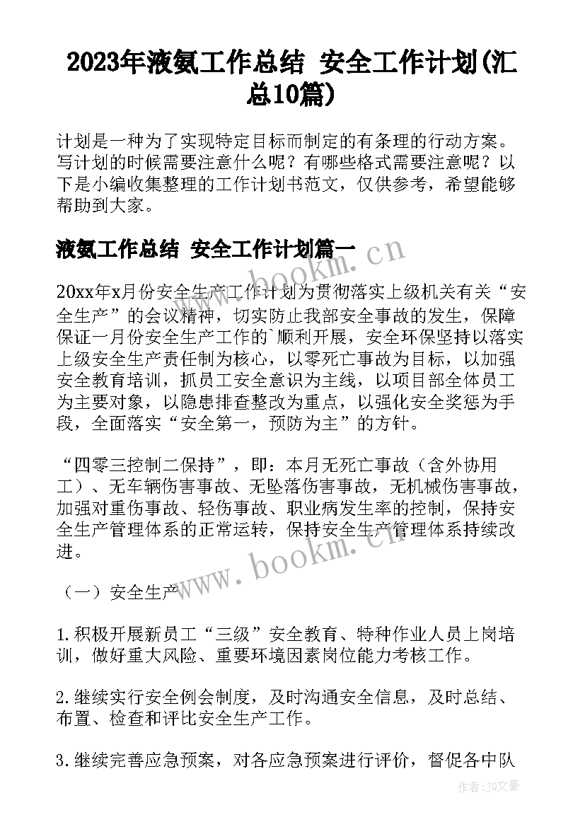 2023年液氨工作总结 安全工作计划(汇总10篇)