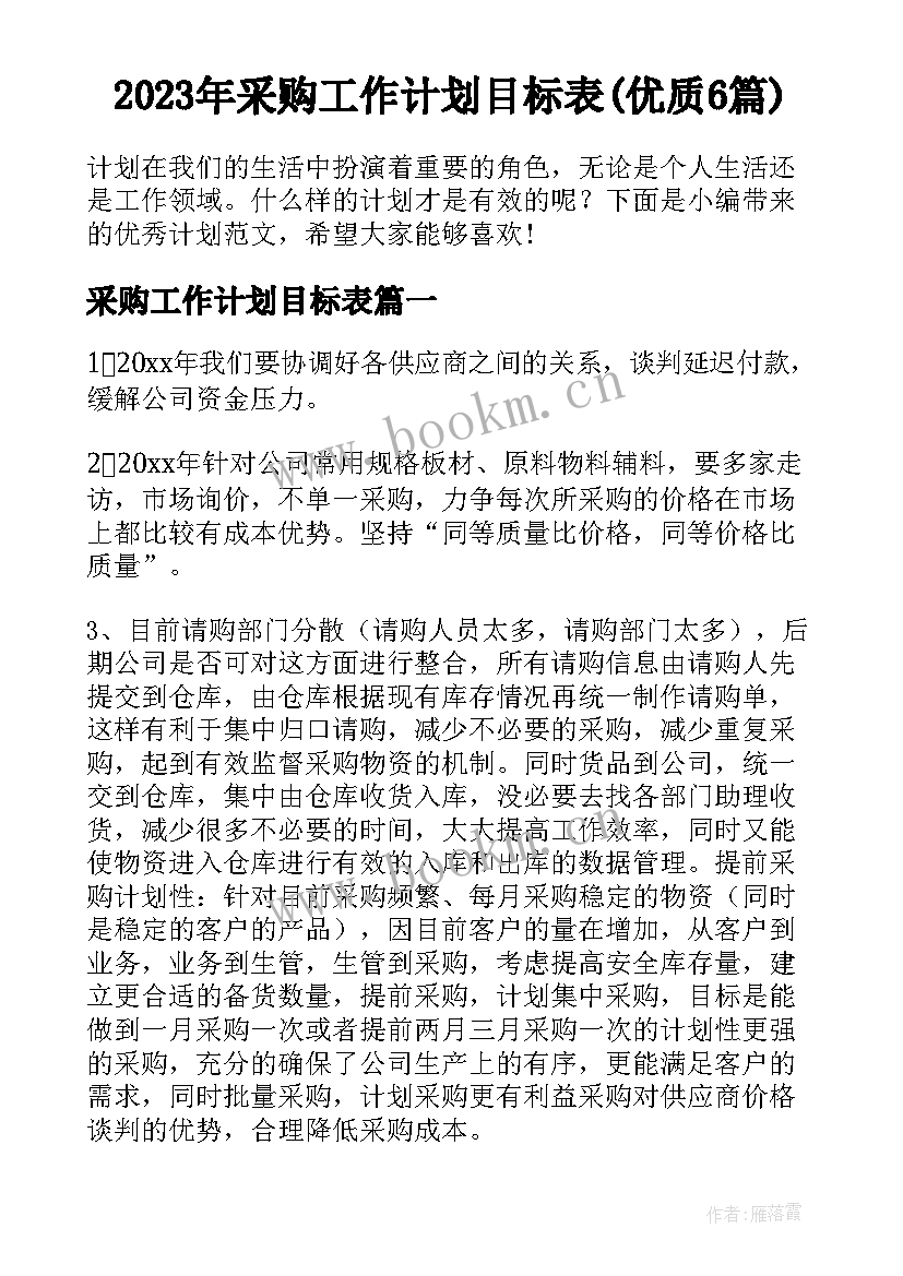 2023年采购工作计划目标表(优质6篇)