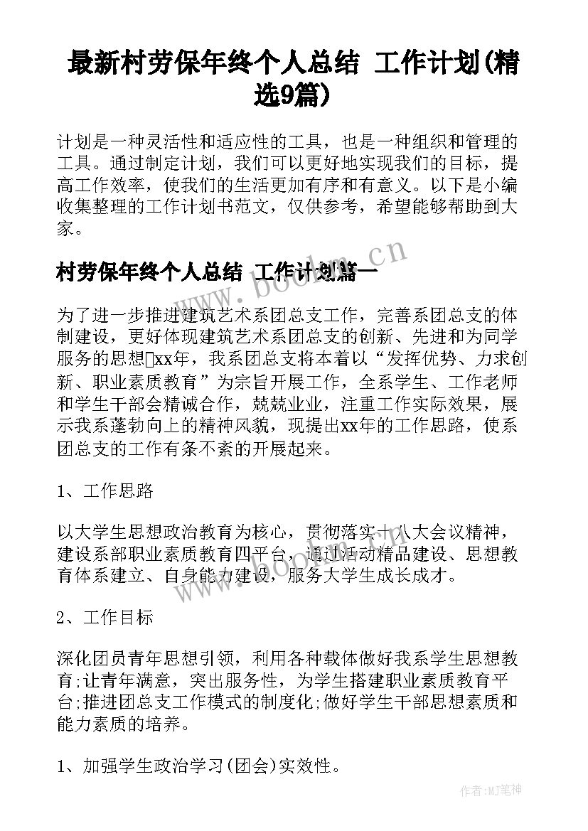 最新村劳保年终个人总结 工作计划(精选9篇)