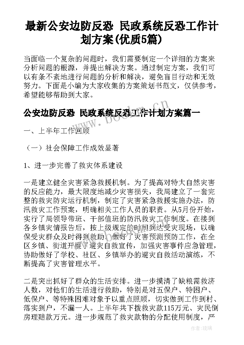 最新公安边防反恐 民政系统反恐工作计划方案(优质5篇)