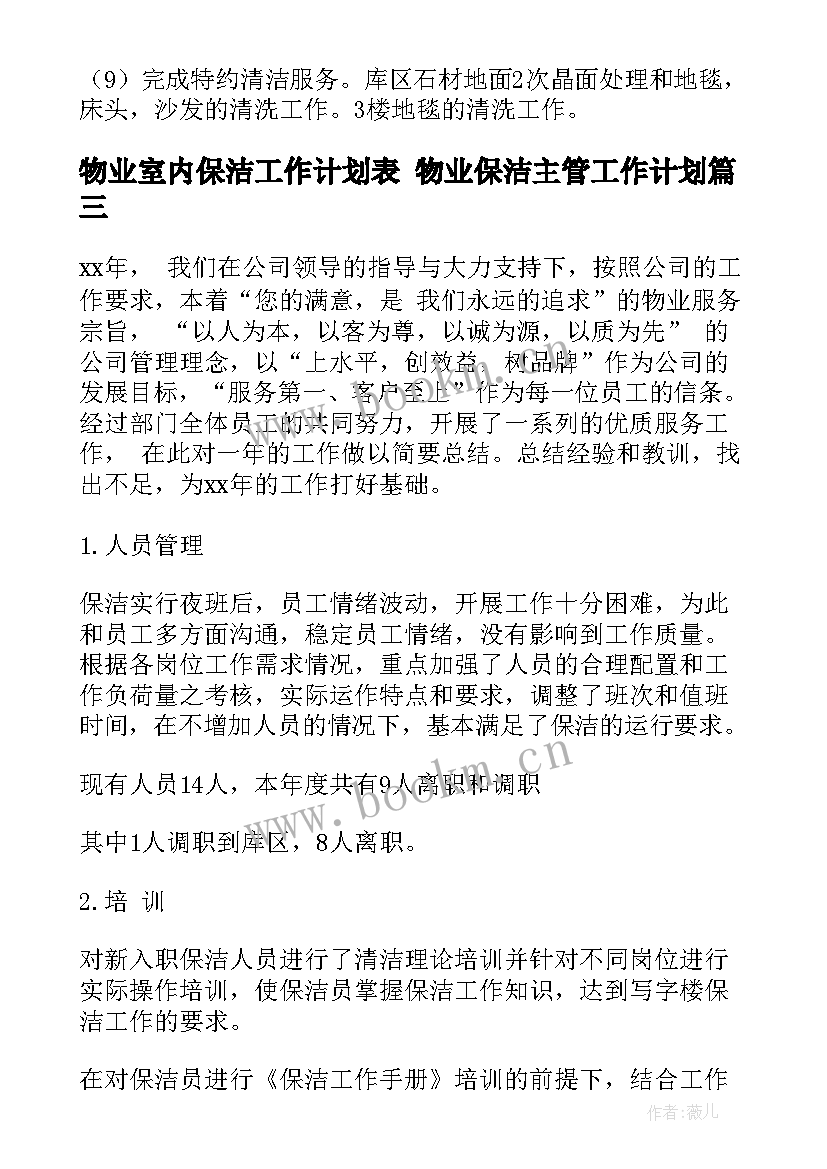 最新物业室内保洁工作计划表 物业保洁主管工作计划(实用8篇)