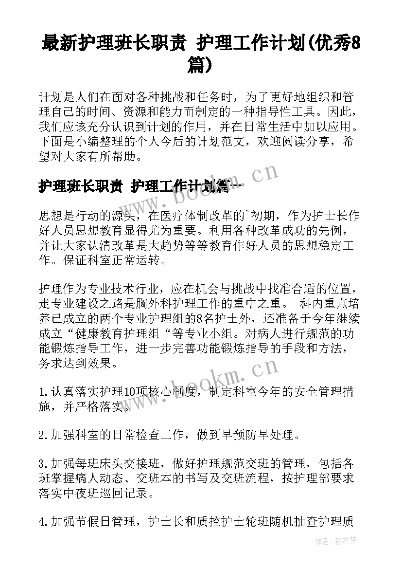 最新护理班长职责 护理工作计划(优秀8篇)