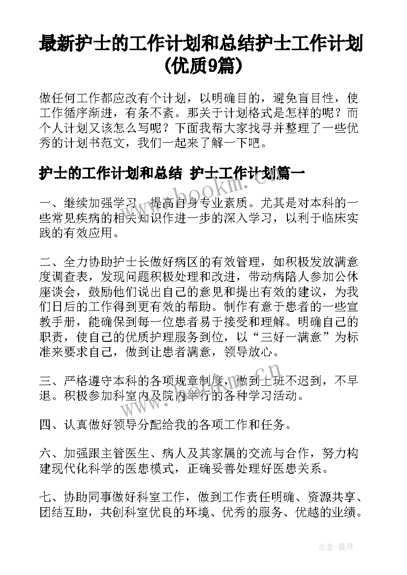 最新护士的工作计划和总结 护士工作计划(优质9篇)