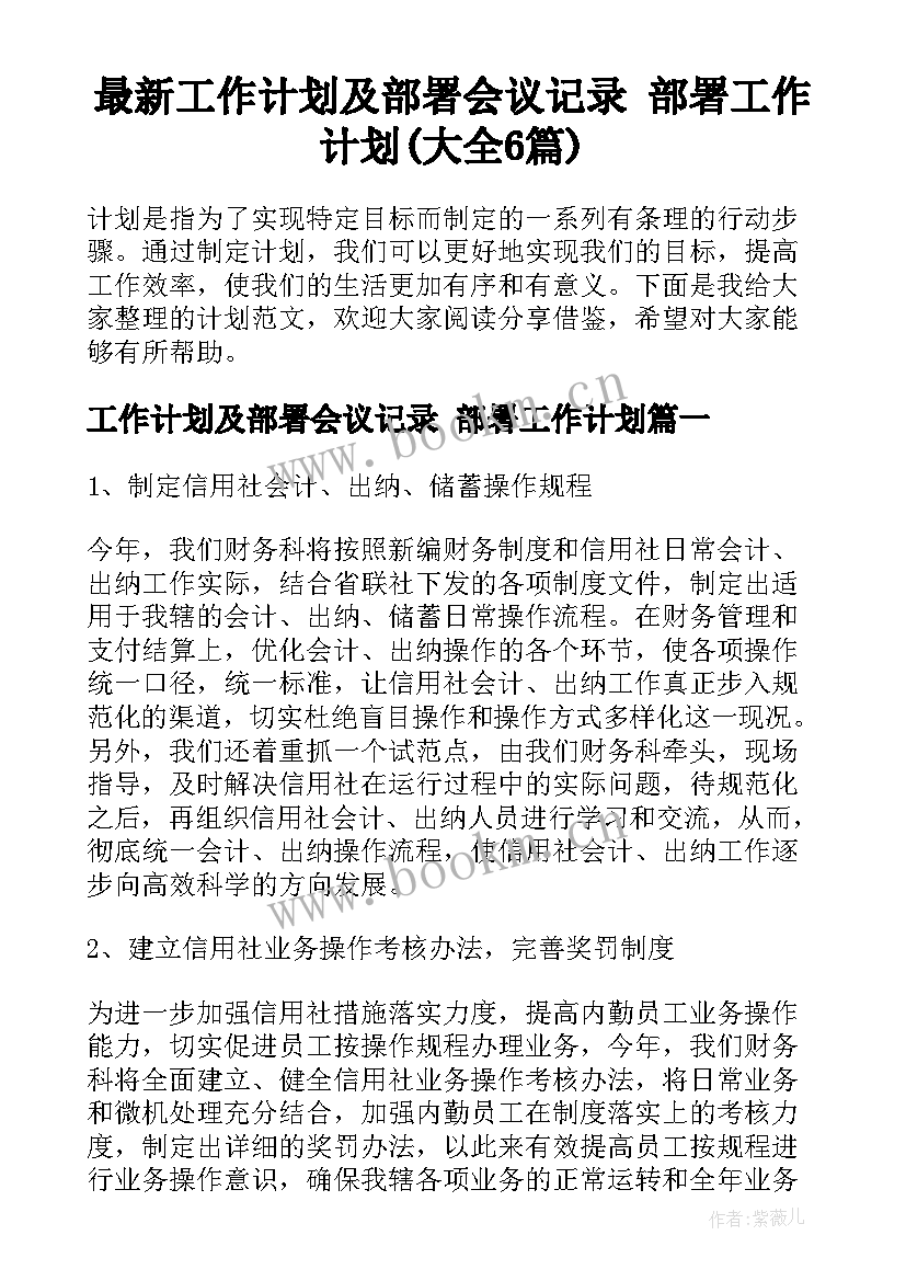 最新工作计划及部署会议记录 部署工作计划(大全6篇)