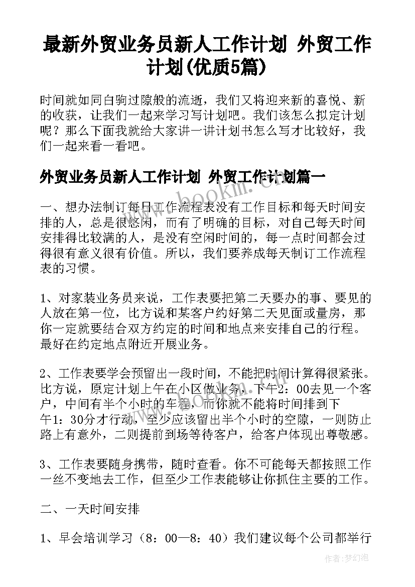 最新外贸业务员新人工作计划 外贸工作计划(优质5篇)