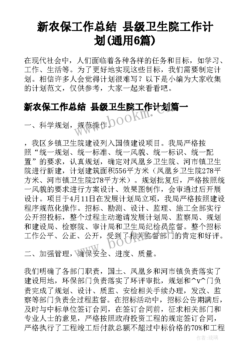 新农保工作总结 县级卫生院工作计划(通用6篇)