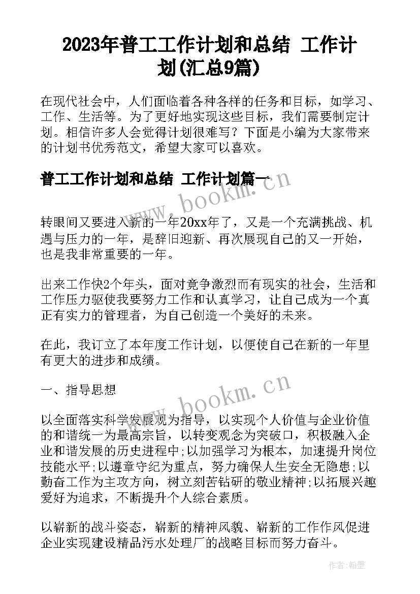 2023年普工工作计划和总结 工作计划(汇总9篇)