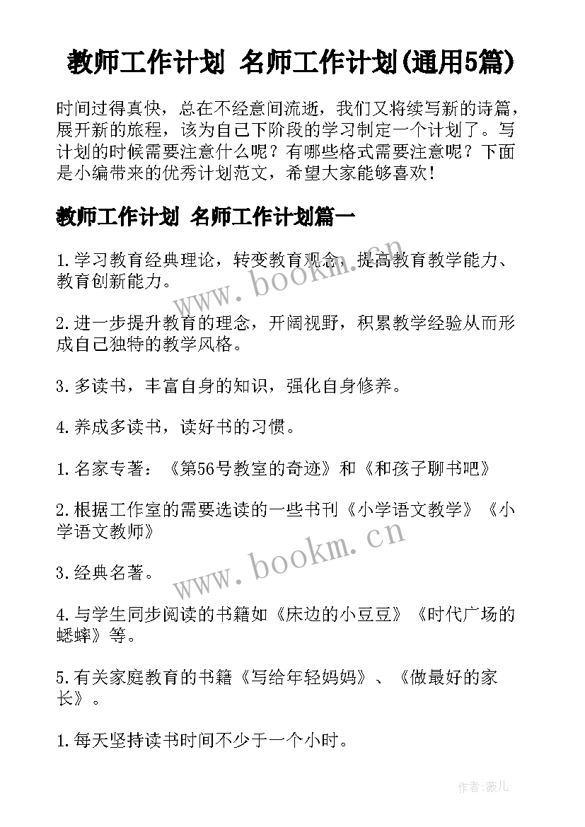 教师工作计划 名师工作计划(通用5篇)