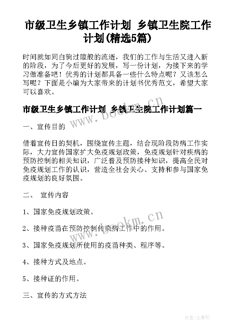 市级卫生乡镇工作计划 乡镇卫生院工作计划(精选5篇)