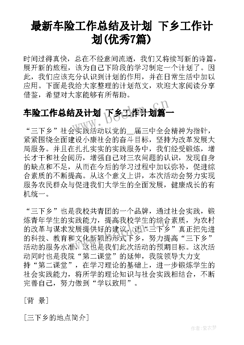 最新车险工作总结及计划 下乡工作计划(优秀7篇)