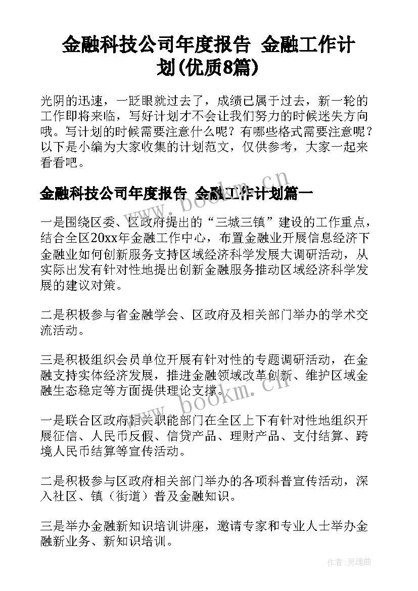 金融科技公司年度报告 金融工作计划(优质8篇)