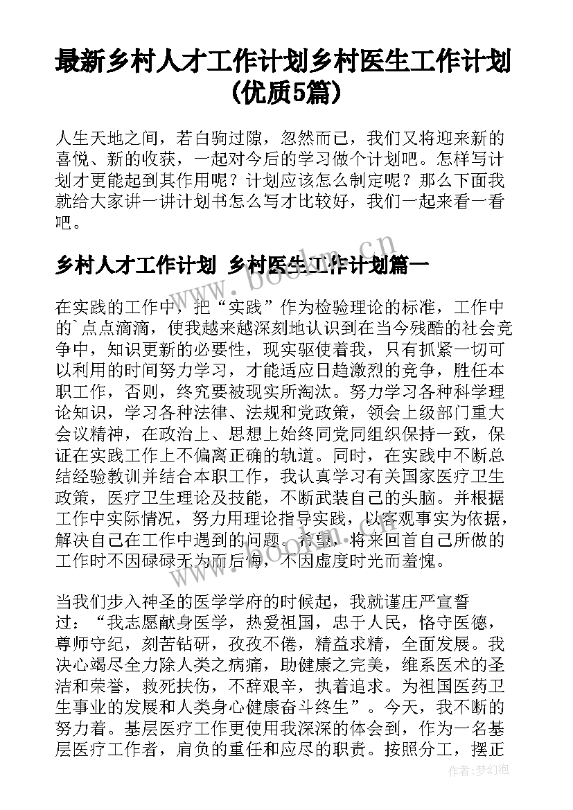 最新乡村人才工作计划 乡村医生工作计划(优质5篇)