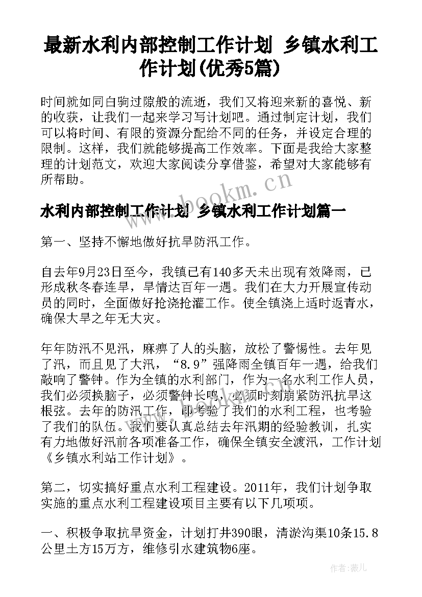 最新水利内部控制工作计划 乡镇水利工作计划(优秀5篇)