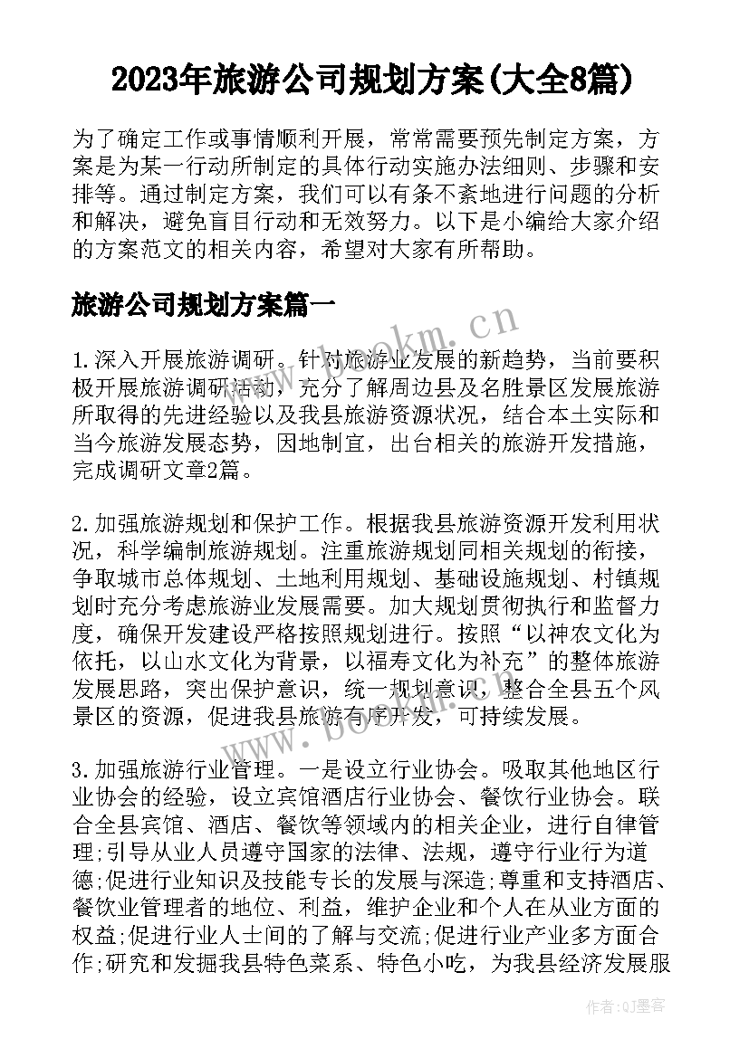 2023年旅游公司规划方案(大全8篇)