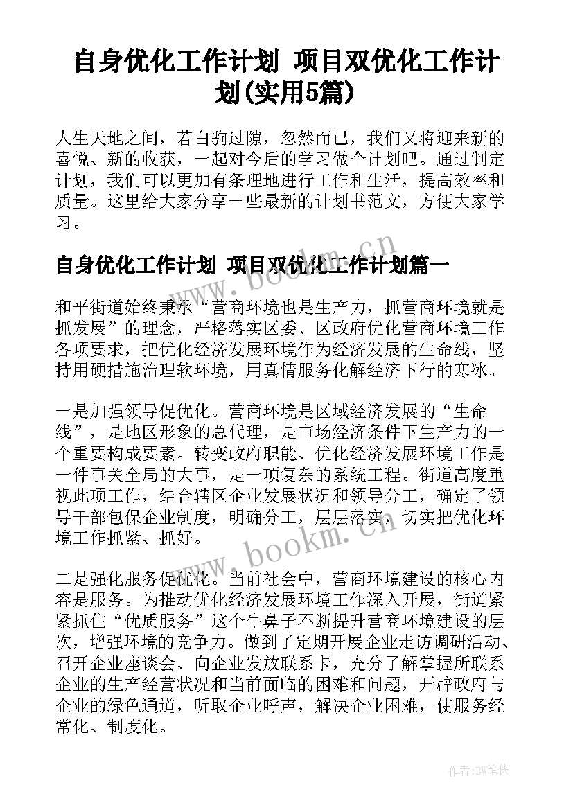 自身优化工作计划 项目双优化工作计划(实用5篇)