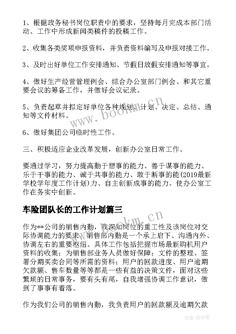 车险团队长的工作计划(实用5篇)