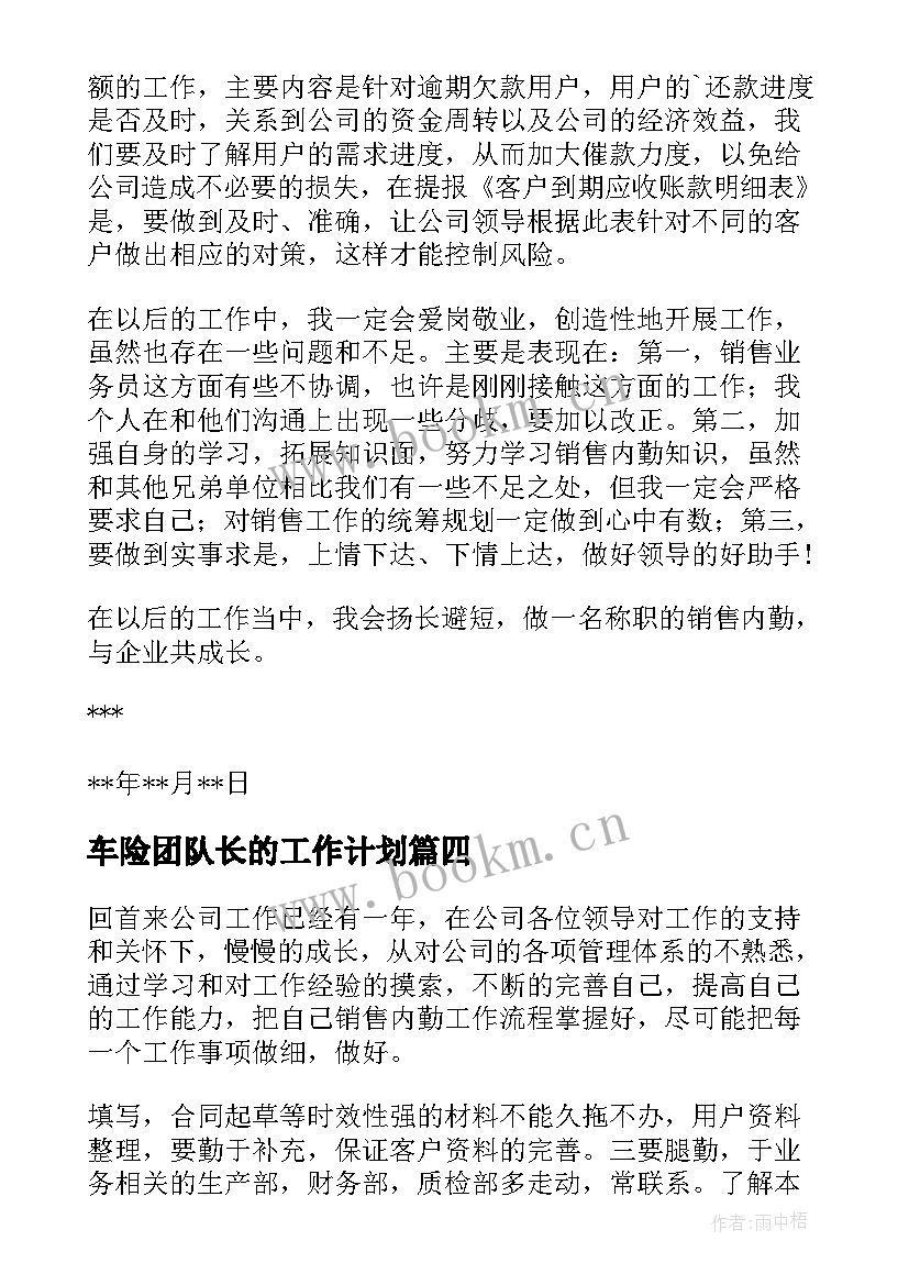 车险团队长的工作计划(实用5篇)