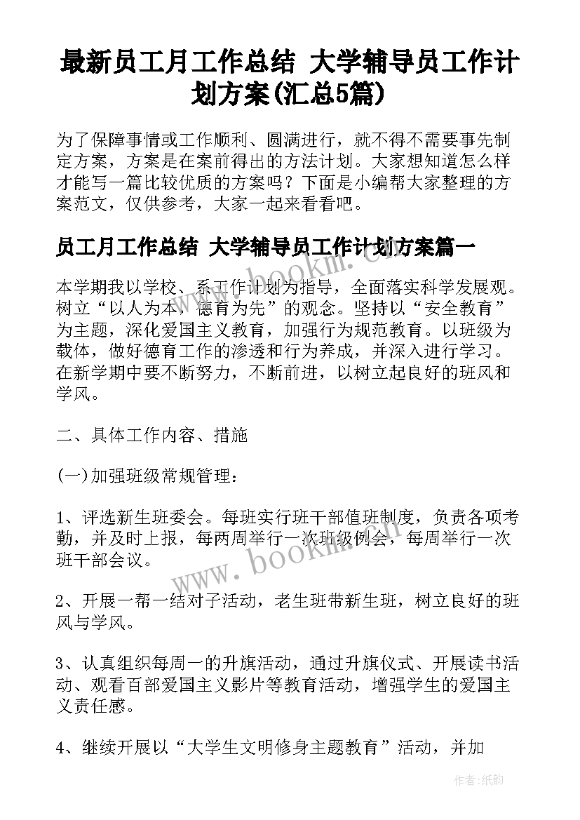 最新员工月工作总结 大学辅导员工作计划方案(汇总5篇)