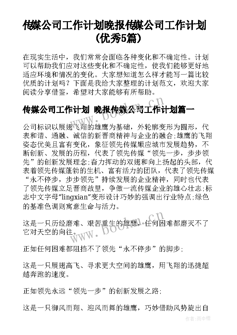 传媒公司工作计划 晚报传媒公司工作计划(优秀5篇)