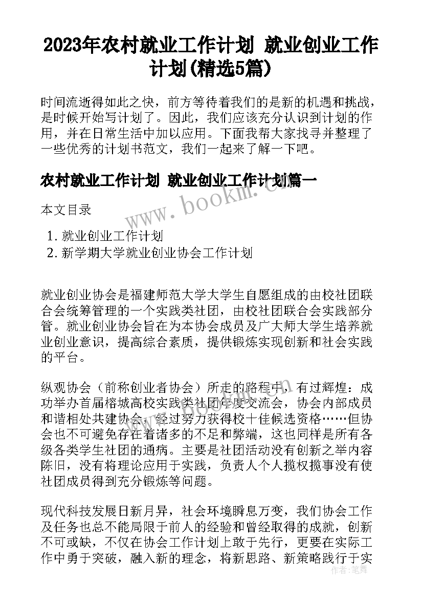 2023年农村就业工作计划 就业创业工作计划(精选5篇)