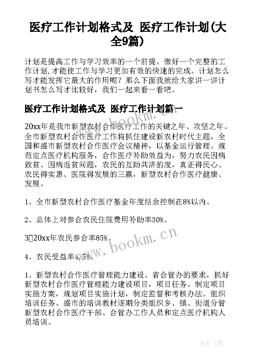 医疗工作计划格式及 医疗工作计划(大全9篇)