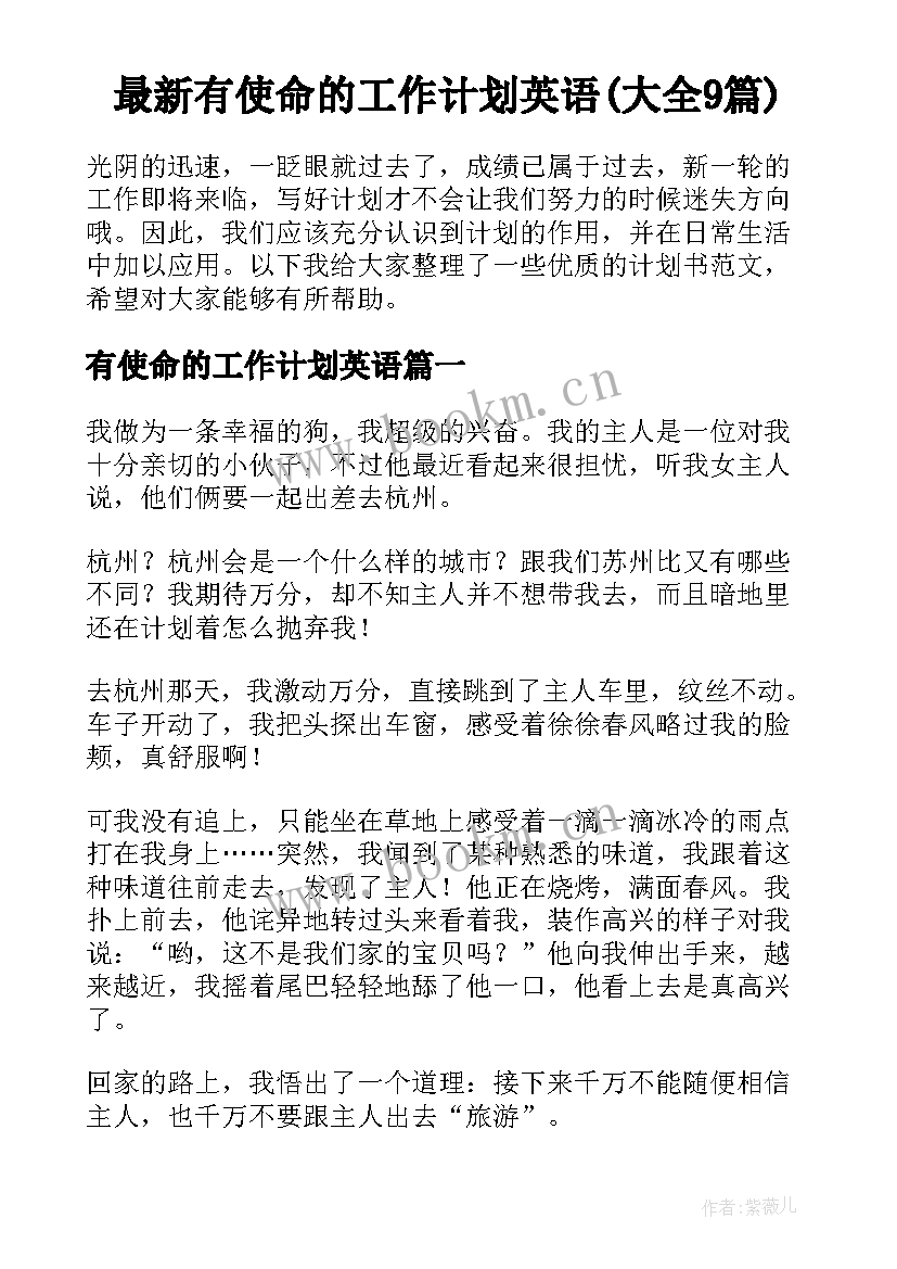 最新有使命的工作计划英语(大全9篇)