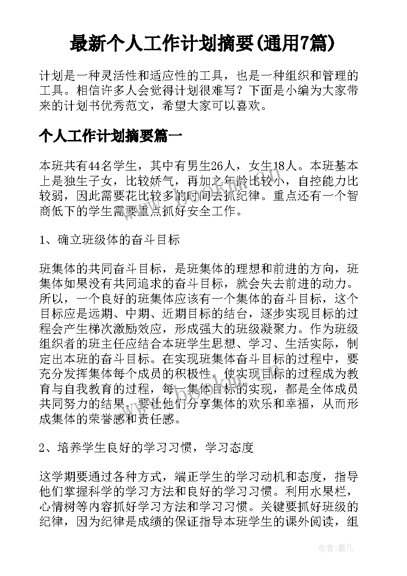 最新个人工作计划摘要(通用7篇)