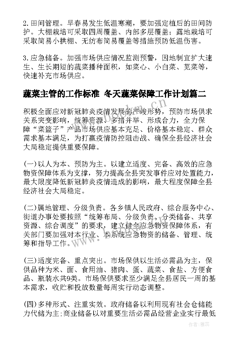 2023年蔬菜主管的工作标准 冬天蔬菜保障工作计划(通用8篇)