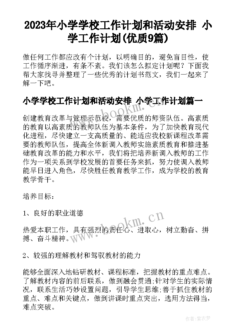 2023年小学学校工作计划和活动安排 小学工作计划(优质9篇)