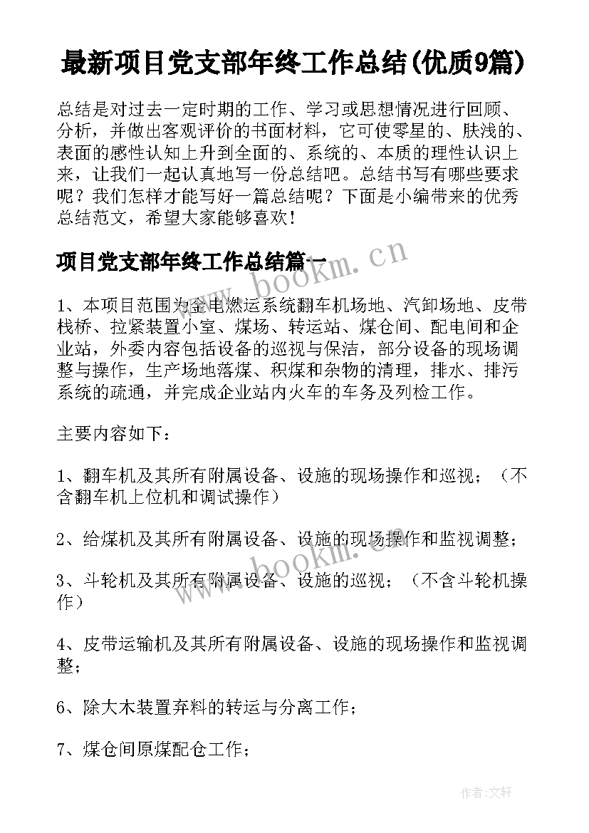 最新项目党支部年终工作总结(优质9篇)