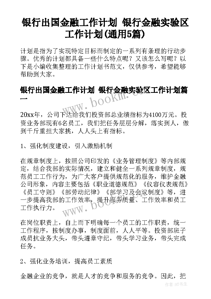 银行出国金融工作计划 银行金融实验区工作计划(通用5篇)