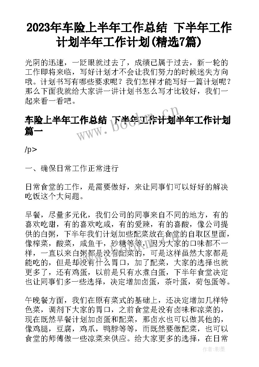 2023年车险上半年工作总结 下半年工作计划半年工作计划(精选7篇)